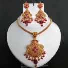 STUDIO DESIGNER GOLD FINISH RUBY CZ POLKI JEWELRY NECKLACE EARRING SET FQ59-N