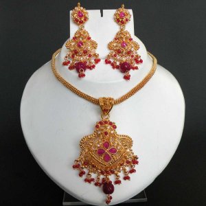 STUDIO DESIGNER GOLD FINISH RUBY CZ POLKI JEWELRY NECKLACE EARRING SET FQ59-N