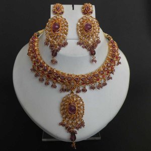3 PC GOLDTONE SIMULATED CZ POLKI JEWELRY BRIDAL SAREE CHOKER NECKLACE SET FQ27-N