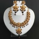 3 PC GOLD FINISH SIMULATED CZ ONYX POLKI BRIDAL SAREE CHOKER NECKLACE SET FQ33-N