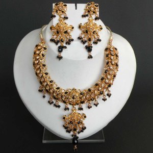 3 PC GOLD FINISH SIMULATED CZ ONYX POLKI BRIDAL SAREE CHOKER NECKLACE SET FQ33-N