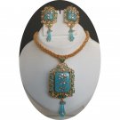 3 PC GOLDTONE KUNDAN ART WORK TURQUOISE POLKI BRIDAL PENDANT NECKLACE SET F102-N