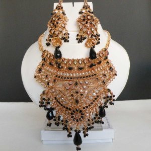 3 PC GOLD FINISH SIMULATED CZ ONYX POLKI MINI BRIDAL CHOKER NECKLACE SET F78-N