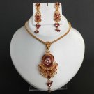 3 PC GOLD FINISH SIMULATED RUBY KUNDAN HINGED POLKI BRIDAL NECKLACE SET F368-N