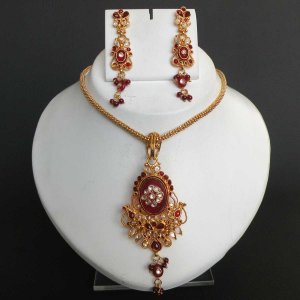 3 PC GOLD FINISH SIMULATED RUBY KUNDAN HINGED POLKI BRIDAL NECKLACE SET F368-N