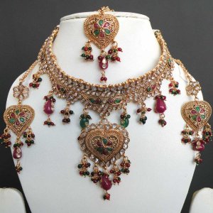 4 PC GOLD FINISH SIMULATED RUBY EMERALD POLKI MINI BRIDAL NECKLACE SET bridal1