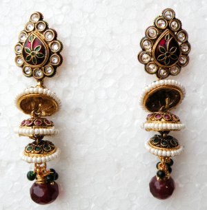 NEW POLKI FASHION GOLDPLATED RUBY PEARL KUNDAN MEENAKARI JHUMKI EARRINGS VP87