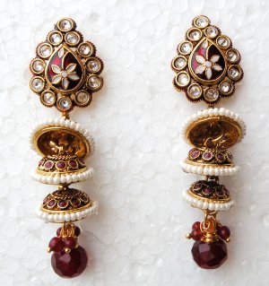 PREMIUM POLKI FASHION GOLDPLATED RUBY PEARL HINGED DANGLE JHUMKI EARRINGS VP88
