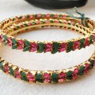 AWESOME! 2 PC GOLD TONE JAIPURI CUT RUBY EMERALD BANGLE BRACELET REAL 221