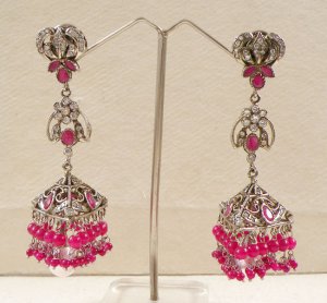 BOLLYWOOD SILVER PL VICTORIAN  RUBY SIMULATED CZ PEARL JHUMKI EARRING PAIR F36