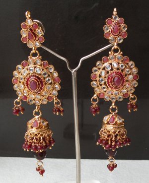 BOLLYWOOD STYLE PREMIUM JEWELRY RUBY SIMULATED CZ POLKI JHUMKI EARRING PAIR F181