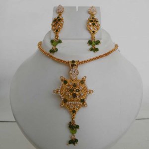 PREMIUM INDIAN POLKI GOLD FINISH PERIDOT PEARL BRIDAL JEWELRY NECKLACE SET fp6