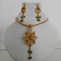 PREMIUM INDIAN POLKI GOLD FINISH PERIDOT PEARL BRIDAL JEWELRY NECKLACE SET fp6