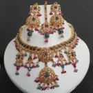 PREMIUM INDIAN POLKI GOLDPLATED CZ RUBY EMERALD BRIDAL JEWELRY NECKLACE SET fn16