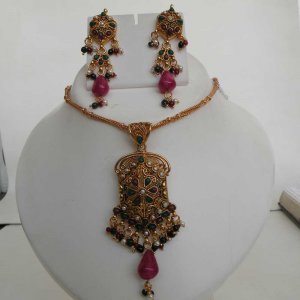 PREMIUM INDIAN POLKI GOLD FINISH MULTI GEMSTONE BRIDAL JEWELRY NECKLACE SET fp12