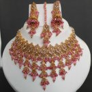 4pc PREMIUM INDIAN POLKI GOLD FINISH PINK CZ BRIDAL JEWELRY NECKLACE SET fn15