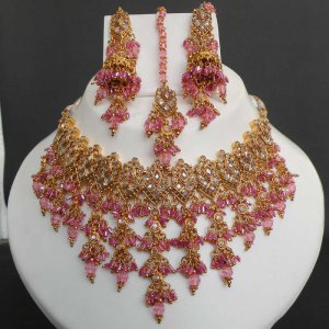 4pc PREMIUM INDIAN POLKI GOLD FINISH PINK CZ BRIDAL JEWELRY NECKLACE SET fn15