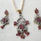 Antique Sterling Silver Style Ruby Pearl Ad Pendant Set with earring SIG51R