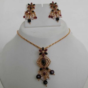 PREMIUM INDIAN POLKI GOLD FINISH RUBY ONYX MEENA BRIDAL JEWELRY NECKLACE SET fp7