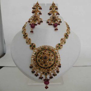 PREMIUM INDIAN POLKI GOLD FINISH RUBY EMERALD CZ BRIDAL JEWELRY NECKLACE SET fp5