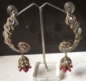 BOLLYWOOD GOLD TONE VICTORIAN DESIGNER KUNDAN CZ PEACOCK JHUMKI EARRING PAIR