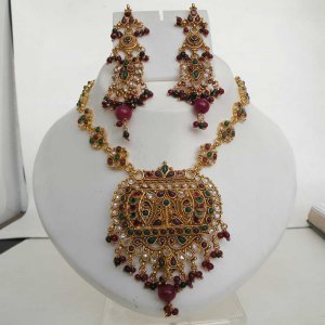PREMIUM INDIAN POLKI GOLD FINISH MULTI GEMSTONE BRIDAL JEWELRY NECKLACE SET fP13