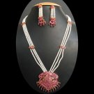 NEW 3 PC GOLD FINISH INDIAN BRIDAL DESIGNER JEWELRY RUBY LONG NECKLACE SET Fr6
