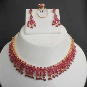 PREMIUM INDIAN STUDIO DESIGNER GOLD FINISH RUBY WEDDING NECKLACE EARRING SET FR1