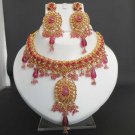 3pc PREMIUM INDIAN POLKI GOLD FINISH PINK CZ BRIDAL JEWELRY NECKLACE SET fn23