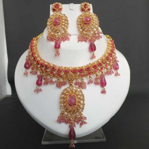 3pc PREMIUM INDIAN POLKI GOLD FINISH PINK CZ BRIDAL JEWELRY NECKLACE SET fn23