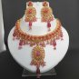 3pc PREMIUM INDIAN POLKI GOLD FINISH PINK CZ BRIDAL JEWELRY NECKLACE SET fn23