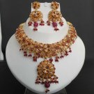 3pc PREMIUM INDIAN POLKI GOLD FINISH RUBY CZ BRIDAL JEWELRY NECKLACE SET fn14