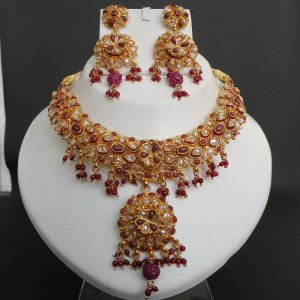 3pc PREMIUM INDIAN POLKI GOLD FINISH RUBY CZ BRIDAL JEWELRY NECKLACE SET fn14