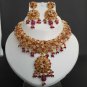 3pc PREMIUM INDIAN POLKI GOLD FINISH RUBY CZ BRIDAL JEWELRY NECKLACE SET fn14