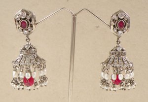 BOLLYWOOD SILVER PL VICTORIAN  RUBY  PEARL BEADS ( FA ) JHUMKI EARRING PAIR F20