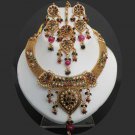4pc PREMIUM INDIAN POLKI GOLD FINISH PINK CZ BRIDAL JEWELRY NECKLACE SET fn22