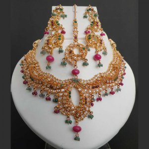 PREMIUM INDIAN POLKI GOLDPLATED CZ RUBY EMERALD BRIDAL JEWELRY NECKLACE SET fn21