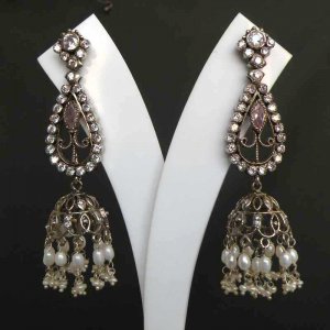 PREMIUM INDIAN JEWELRY VICTORIAN SIMULATED DIAMOND PEARL (FA) EARRING PAIR fve23