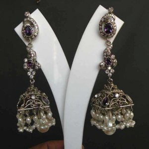 PREMIUM INDIAN JEWELRY VICTORIAN SIMULATED CZ AMETHYST PEARL EARRING PAIR fve24