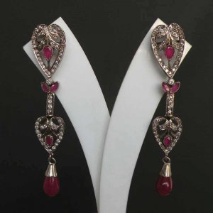 PREMIUM INDIAN JEWELRY VICTORIAN SIMULATED CZ RUBY & BEADS ( FA ) EARRING PAIR