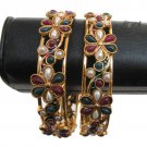 PREMIUM INDIAN JEWELRY 2PC POLKI BANGLE FAUX RUBY EMERALD PEARL FB4 2.4 SIZE