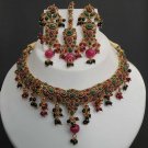 PREMIUM INDIAN POLKI GOLD FINISH RUBY EMERALD BRIDAL JEWELRY NECKLACE SET Efn1