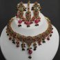 PREMIUM INDIAN POLKI GOLD FINISH RUBY EMERALD BRIDAL JEWELRY NECKLACE SET Efn1