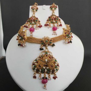 3pc PREMIUM INDIAN POLKI GOLD FINISH RUBY PEARL BRIDAL JEWELRY NECKLACE SET fn13