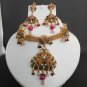 3pc PREMIUM INDIAN POLKI GOLD FINISH RUBY PEARL BRIDAL JEWELRY NECKLACE SET fn13