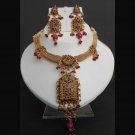 PREMIUM INDIAN POLKI GOLD FINISH STIMULATED RUBY BRIDAL JEWELRY NECKLACE SET fn7