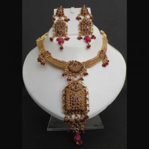 PREMIUM INDIAN POLKI GOLD FINISH STIMULATED RUBY BRIDAL JEWELRY NECKLACE SET fn7