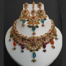 4pc PREMIUM INDIAN POLKI GOLD FINISH CZ PEARL BRIDAL JEWELRY NECKLACE SET fn9