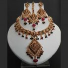PREMIUM INDIAN POLKI GOLD FINISH RUBY EMERALD CZ BRIDAL JEWELRY NECKLACE SET f10