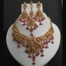 4pc PREMIUM INDIAN POLKI GOLD FINISH PINK CZ BRIDAL JEWELRY NECKLACE SET fn6